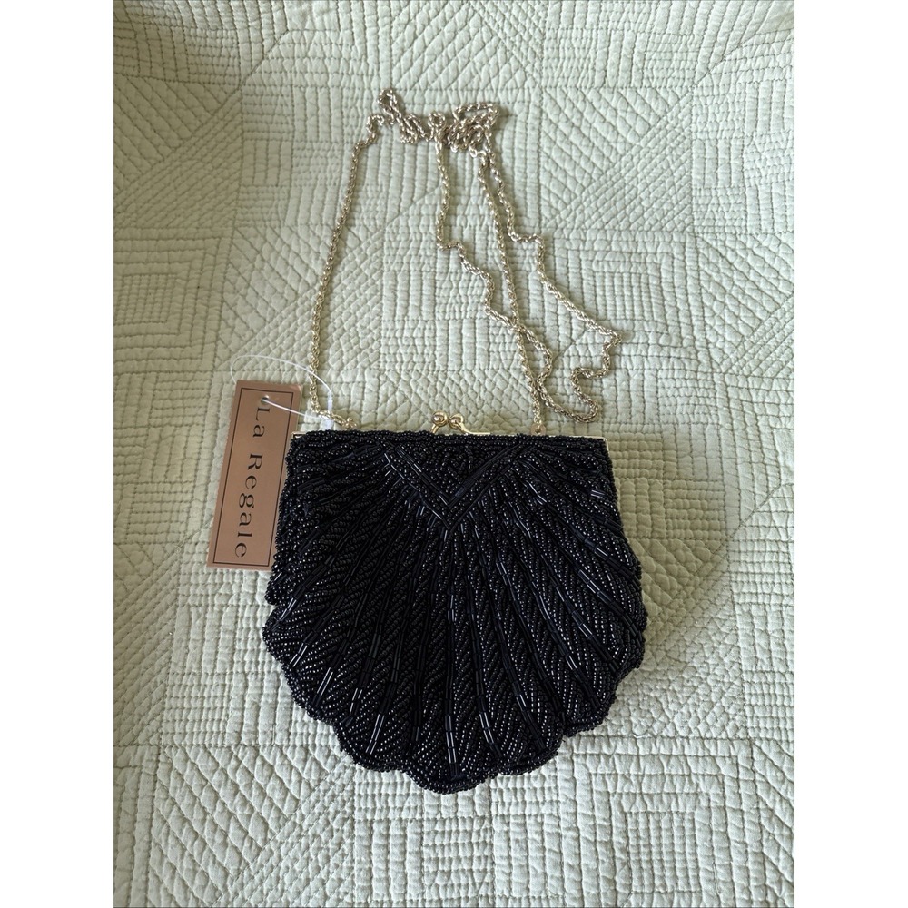 Vintage La Regale Black Beaded Clamshell Evening Bag Clutch w/ Long Chain Strap